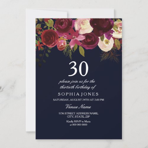 Navy  Burgundy Flowers 30th Birthday Party Invite