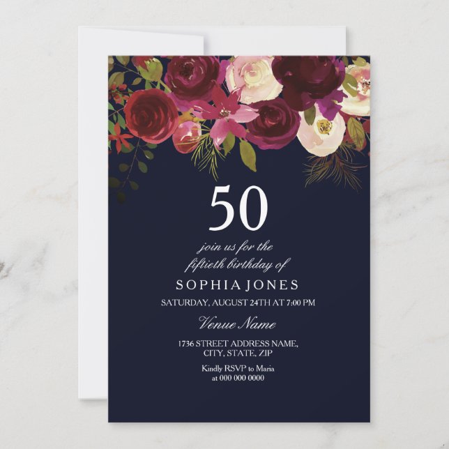 Navy & Burgundy Flowers 50th Birthday Party Invite (Front)