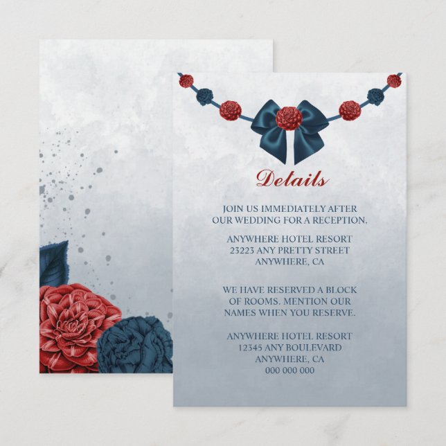 navy & burgundy flowers beautiful bow details enclosure card (Front/Back)