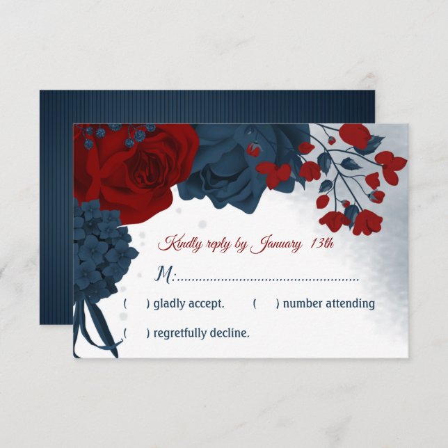 navy & burgundy flowers botanical RSVP card (Front/Back)