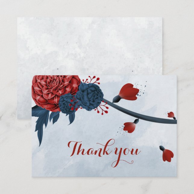 navy & burgundy flowers botanical thank you card (Front/Back)
