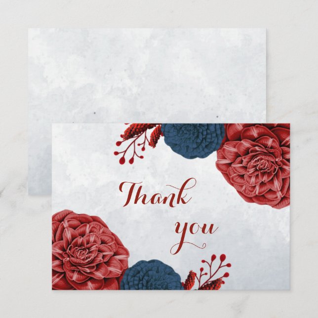 navy & burgundy flowers botanical thank you card (Front/Back)