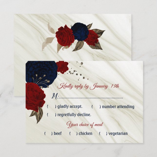 navy & burgundy flowers meal choice RSVP card (Front/Back)