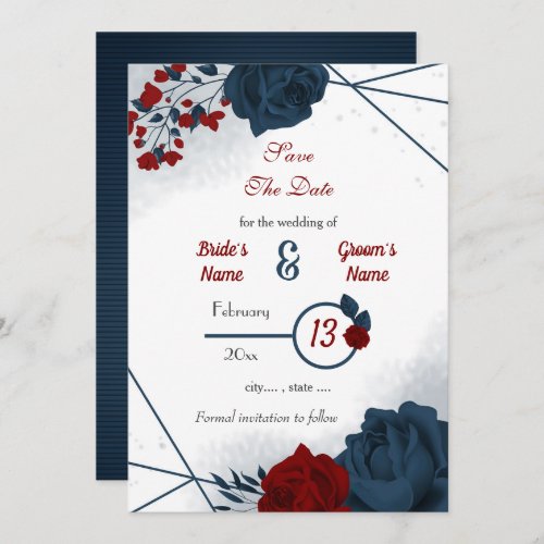 Navy  burgundy flowers romantic  save the date