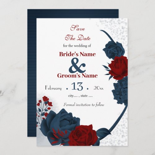 Navy  burgundy flowers romantic save the date