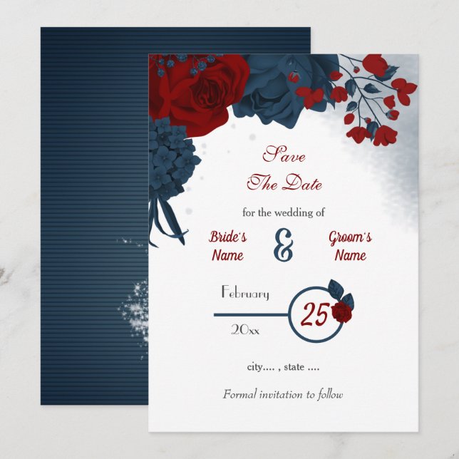 Navy & burgundy flowers romantic save the date (Front/Back)