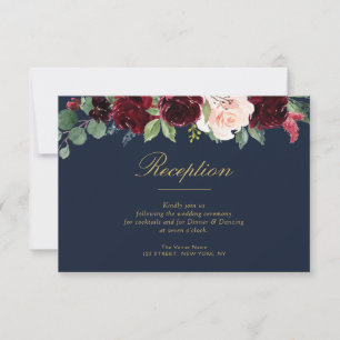 Navy & burgundy flowers wedding reception card