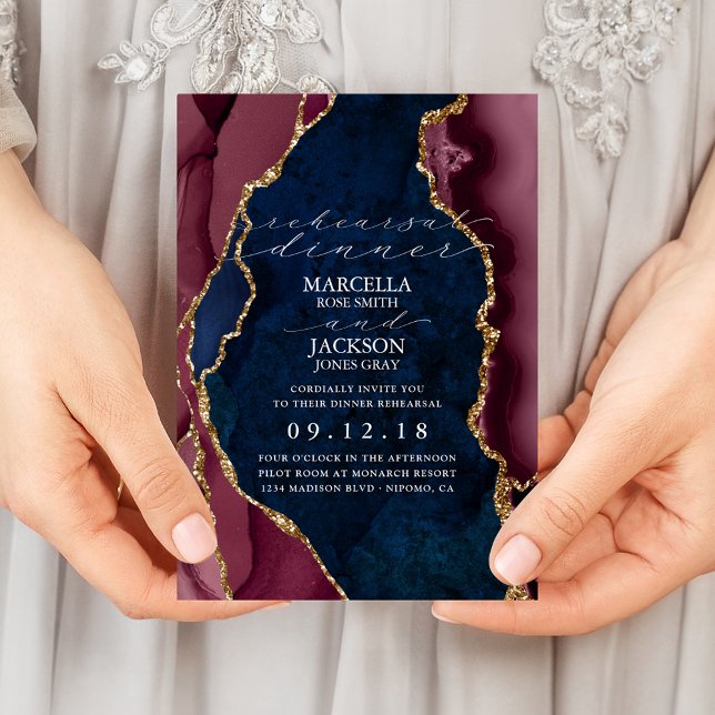 Navy, Burgundy & Gold Agate Dinner Rehearsal Invitation (Creator Uploaded)