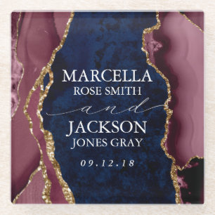 Navy, Burgundy & Gold Agate Wedding Glass Coaster
