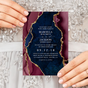Navy, Burgundy & Gold Agate Wedding Invitation