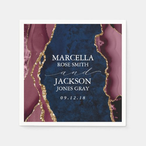 Navy Burgundy  Gold Agate Wedding Napkins