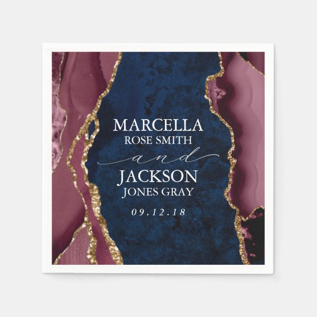 Navy, Burgundy & Gold Agate Wedding Napkins (Front)