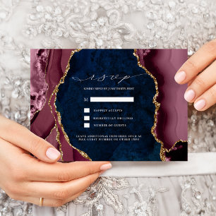 Navy, Burgundy & Gold Agate Wedding RSVP Invitatio Invitation