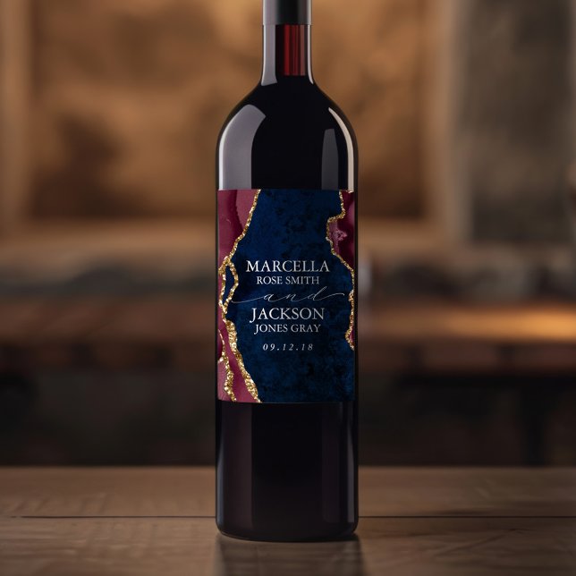 Navy, Burgundy & Gold Agate Wedding Wine Label (Creator Uploaded)