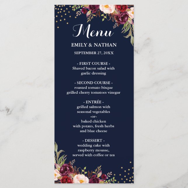 Navy Burgundy Gold Confetti Floral Wedding Menu (Front)