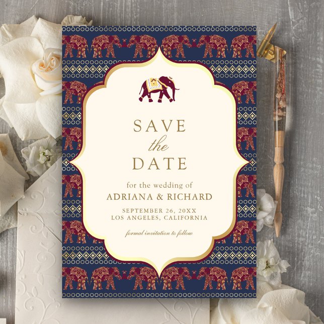 Navy Burgundy Gold Elephant Indian Wedding Photo Save The Date (Creator Uploaded)