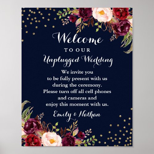 Navy Burgundy Gold Floral Unplugged Wedding Sign