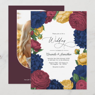 Navy, Burgundy & Gold Floral Wedding Invitation