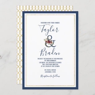 Navy + Burgundy + Gold Floral Wedding Invitation