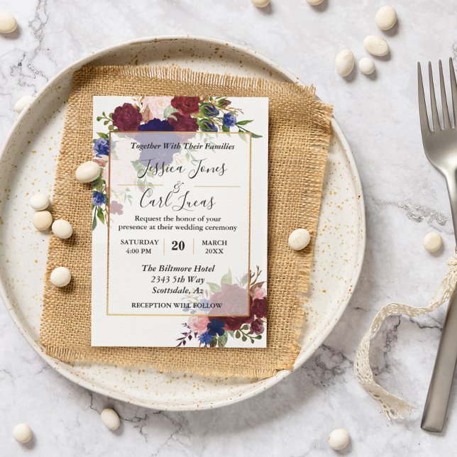 Navy Burgundy Gold Frame Gold Wedding Invitation (Creator Uploaded)