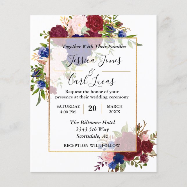 Navy Burgundy Gold Frame Gold Wedding Invitation Flyer (Front)