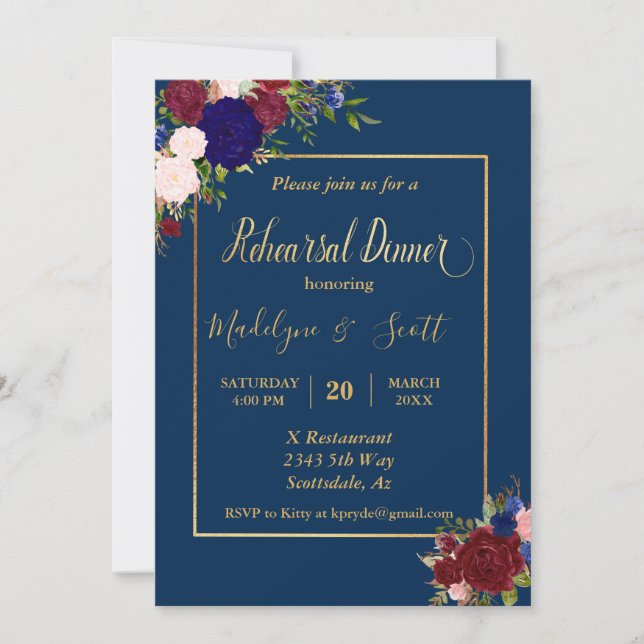 Navy Burgundy Gold Rehearsal Dinner Wedding Invitation (Front)