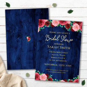 Navy  Burgundy Gold Watercolor Bridal Shower Foil Invitation