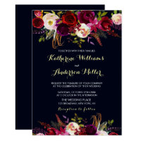 Navy Burgundy Marsala Boho Floral Autumn Wedding Card