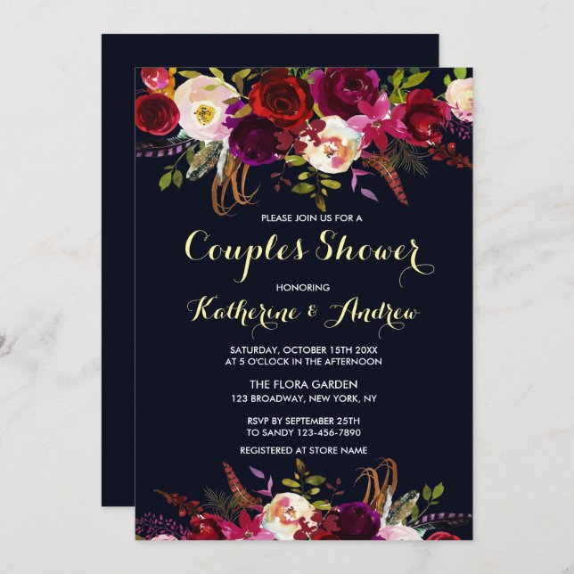 Navy Burgundy Marsala Boho Floral Couples Shower Invitation (Front/Back)