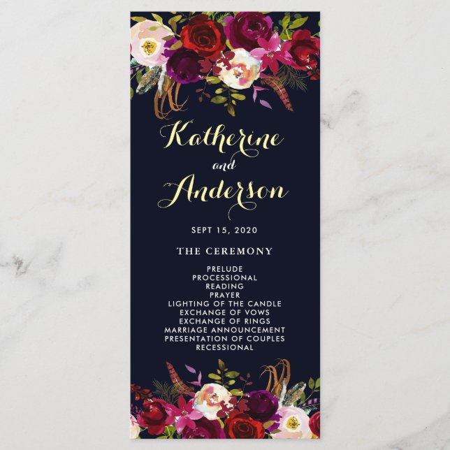 Navy Burgundy Marsala Boho Floral Wedding Program (Front)