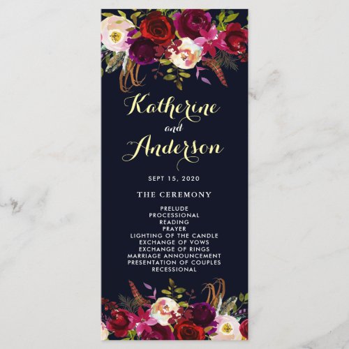 Navy Burgundy Marsala Boho Floral Wedding Program