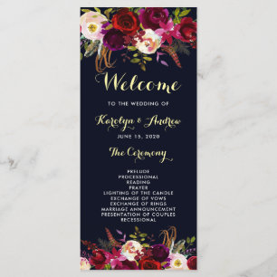 Navy Burgundy Marsala Boho Floral Wedding Program