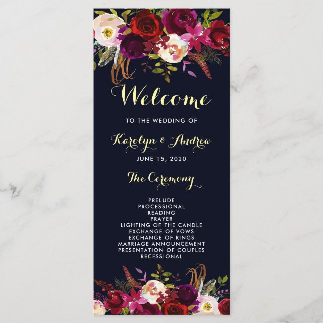 Navy Burgundy Marsala Boho Floral Wedding Program (Front)