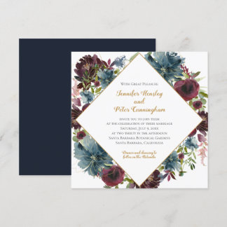 Navy Burgundy Marsala Gold Floral | Square Wedding Invitation