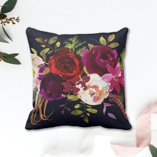 Navy Burgundy Marsala Rustic Bohemian Floral Throw Pillow (Creator Uploaded)