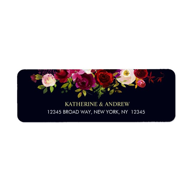 Navy Burgundy Marsala Rustic Boho Floral Address Label (Front)