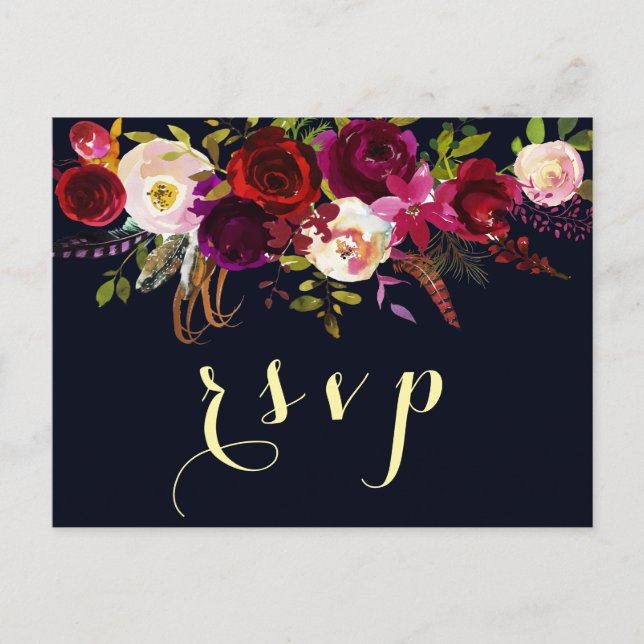 Navy Burgundy Marsala Rustic Boho Wedding RSVP Invitation Postcard (Front)