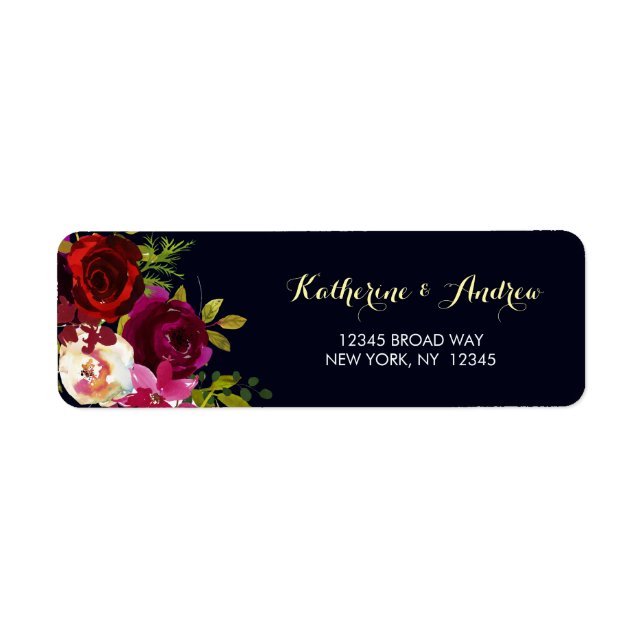 Navy Burgundy Marsala Watercolor Floral Address Label (Front)