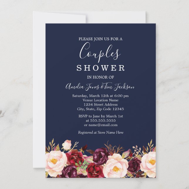 Navy Burgundy Marsala Wedding Couples Shower Invitation (Front)