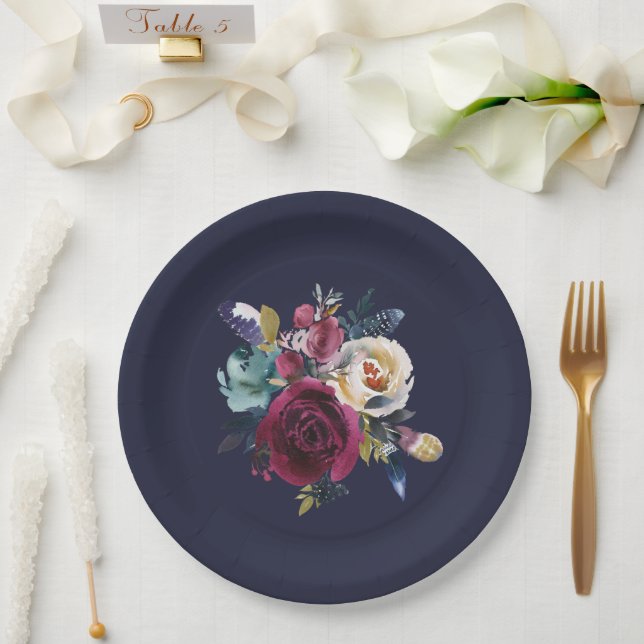 Navy Burgundy Merlot Floral Wedding Dinner Paper Plates (Wedding)