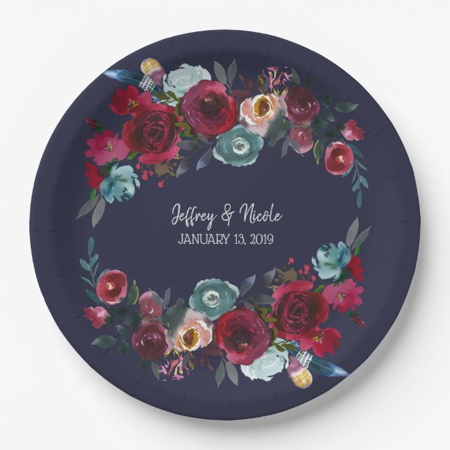 Navy Burgundy Merlot Floral Wedding Dinner Paper Plates (Front)