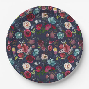 Navy Burgundy Merlot Floral Wedding Dinner Paper Plates