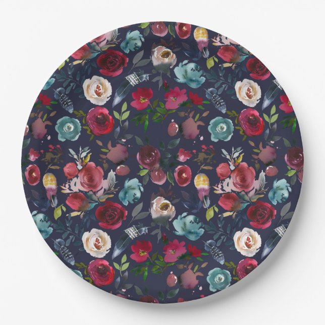 Navy Burgundy Merlot Floral Wedding Dinner Paper Plates (Front)