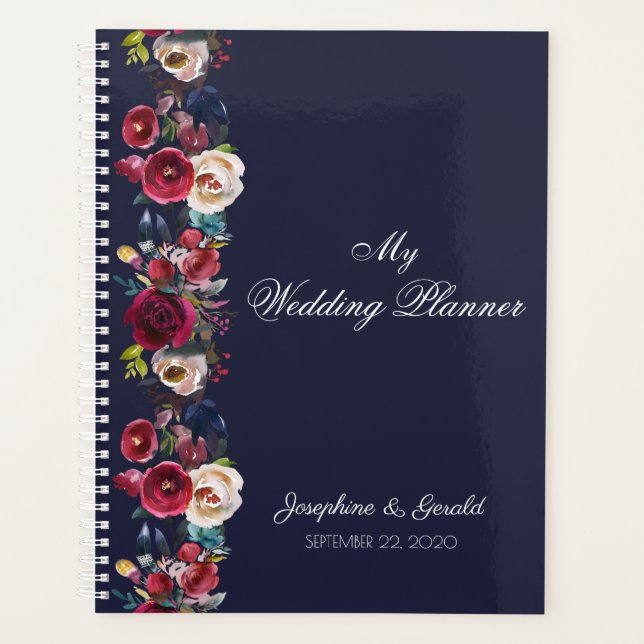 Navy Burgundy Merlot Floral Wedding Planner (Front)