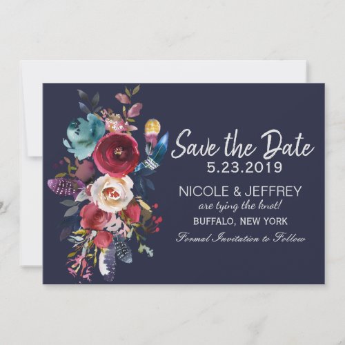 Navy Burgundy Merlot Floral Wedding Save the Date