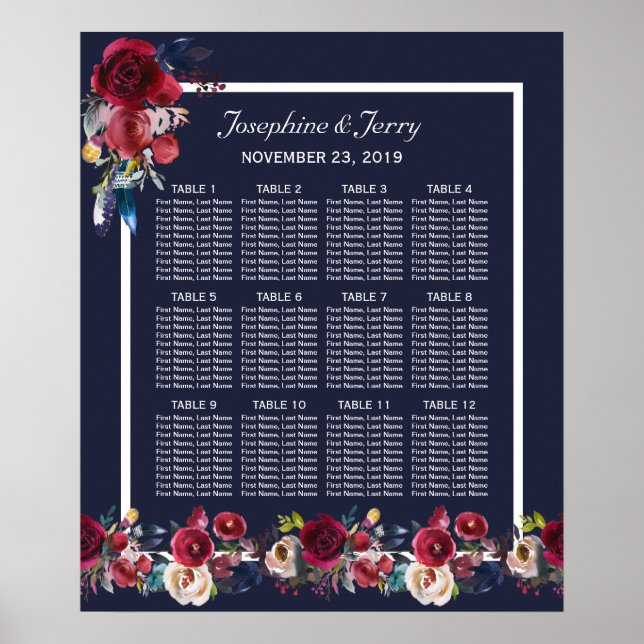 Navy Burgundy Merlot Floral Wedding Seating Chart (Front)