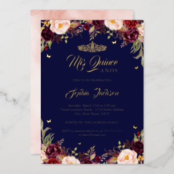Navy Burgundy Mis Quince Floral Quinceanera  Foil Invitation by LittleBayleigh at Zazzle