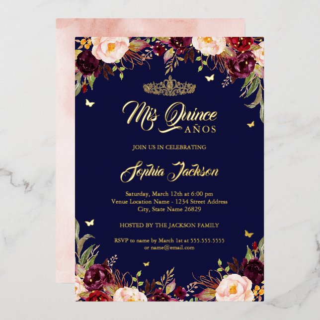 Navy Burgundy Mis Quince Floral Quinceanera  Foil Invitation (Front/Back)
