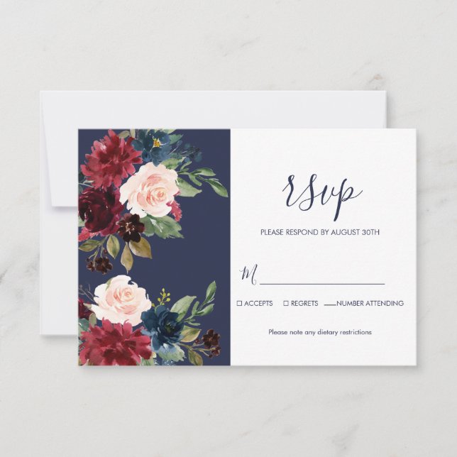 Navy Burgundy Modern Simple Navy Botanical wedding RSVP Card (Front)