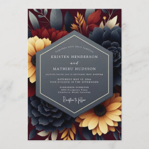 Navy Burgundy Moody Autumnal Wedding Invitation